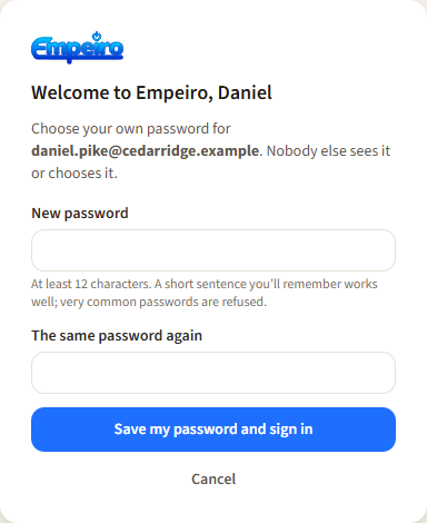 The invite page an administrator sees: Welcome to Empeiro, their name, their email, and two boxes to choose their own password