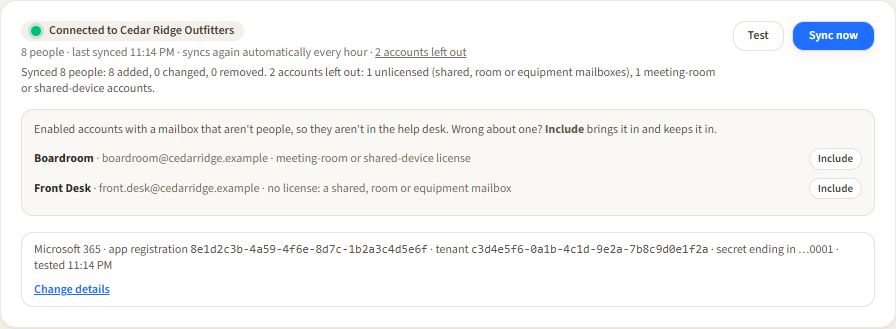 Microsoft 365 connected: the green light with the organization's name, how many people, when it last synced, the accounts left out with Include, Test and Sync now, and the app registration line with Change details