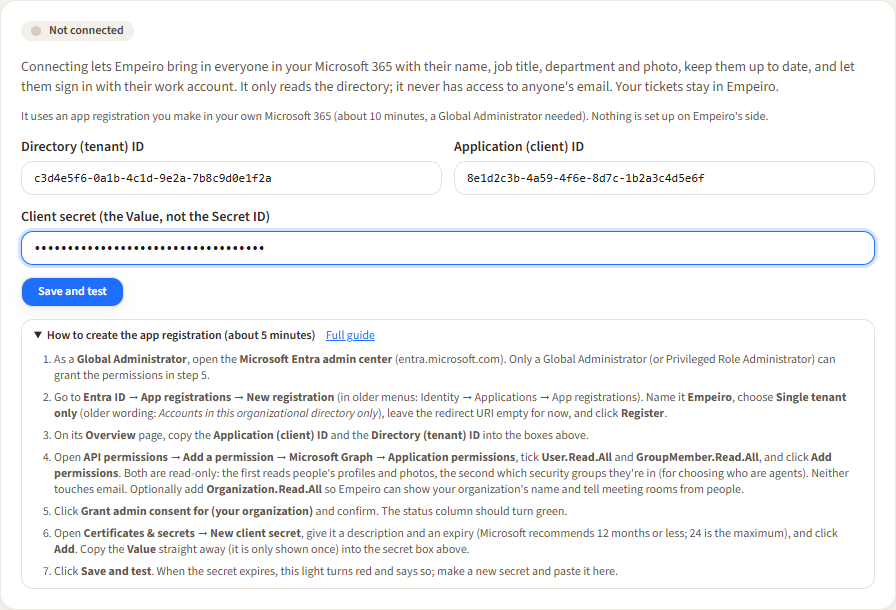 Settings → Microsoft 365 before connecting: what connecting does, the three boxes for the Directory (tenant) ID, Application (client) ID and client secret, Save and test, and the steps to create the app registration