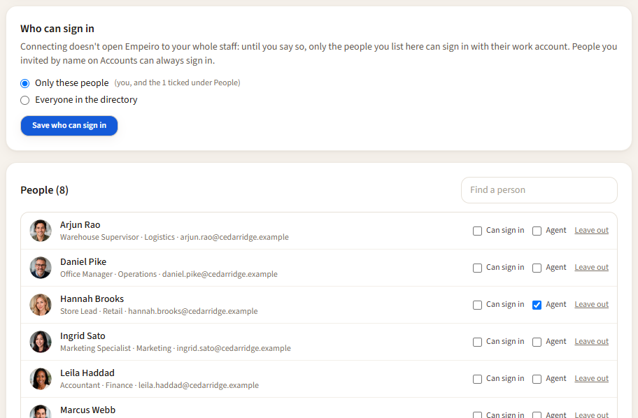 Who can sign in beside the sync: Only these people with the count, Everyone in the directory, Save who can sign in, and the people list with Can sign in and Agent beside each person