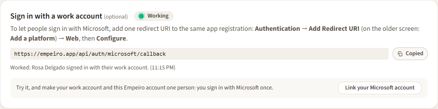 Sign in with a work account beside the sync: the redirect URI with Copy, its light saying whether the last sign-in worked, and Link your Microsoft account