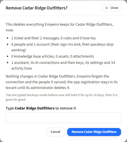The Remove confirmation: the list of what is deleted with the counts, what happens in Microsoft 365, the note about backups, and a box to type the organization's name