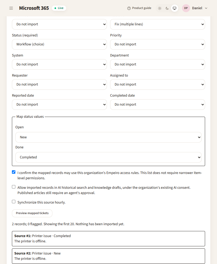 A captured source-field mapping, status-value translation and mapped ticket preview in Empeiro