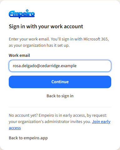 The sign-in page with Use your work account: the Work email box, Continue, and Back to sign in