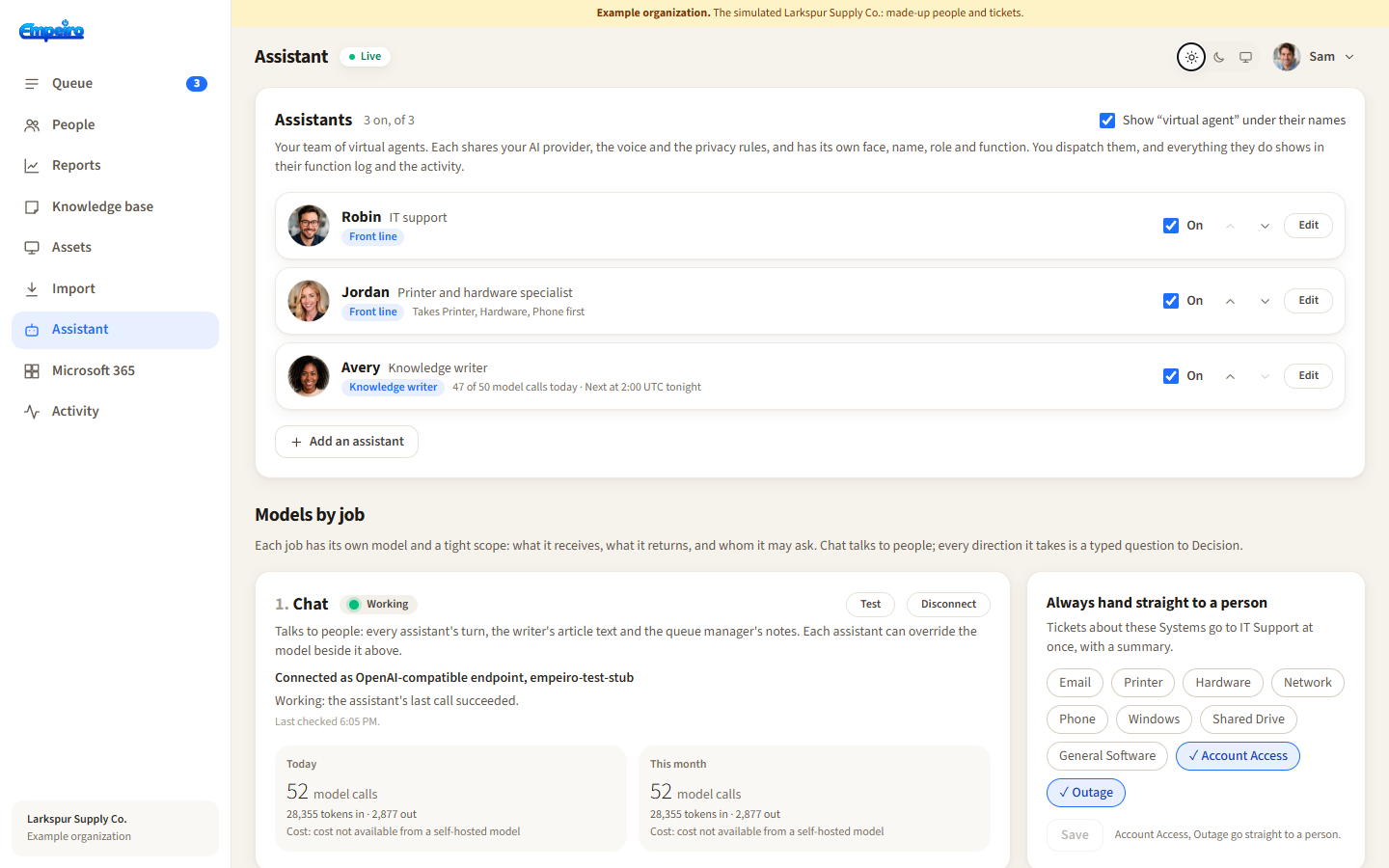 The Assistants list in Empeiro: each assistant with a face, a name, a role and its job