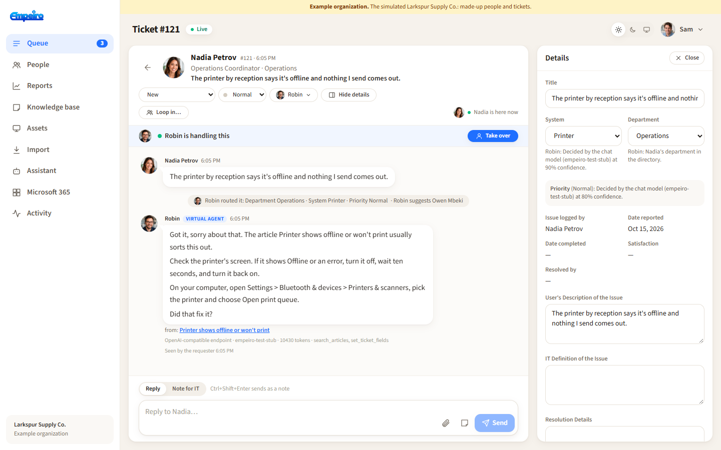 An agent's view of a ticket in Empeiro: the conversation between the requester and the assistant, with the ticket's status, priority and system beside it