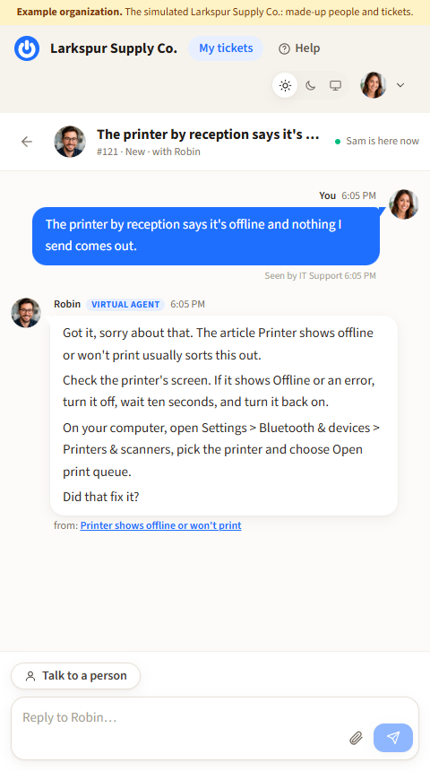 The requester's view of the same conversation in Empeiro, with the assistant's reply
