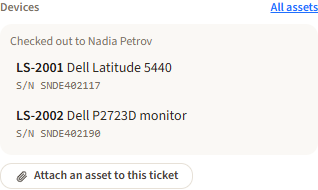 The Devices block on an Empeiro ticket, listing the requester's checked-out devices