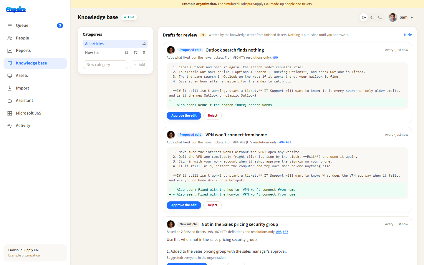 The drafts for review in Empeiro's knowledge base, written by the knowledge writer from finished tickets