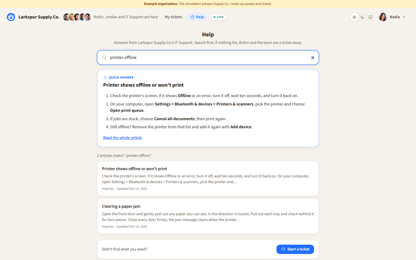 The requester's Help page in Empeiro with a quick answer from the best-matching article
